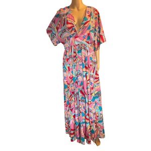 Womens‎ 70s Print Maxi Dress Size L Plunge Neckline Disco Hippie Retro Colorful